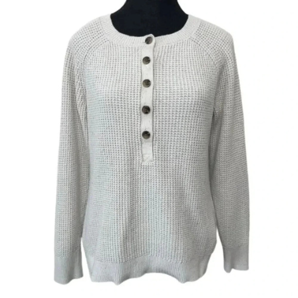 L.L.Bean Womens Small Organic Cotton  Crew Neck Button Neck Waffle Knit Sweater - Picture 1 of 16